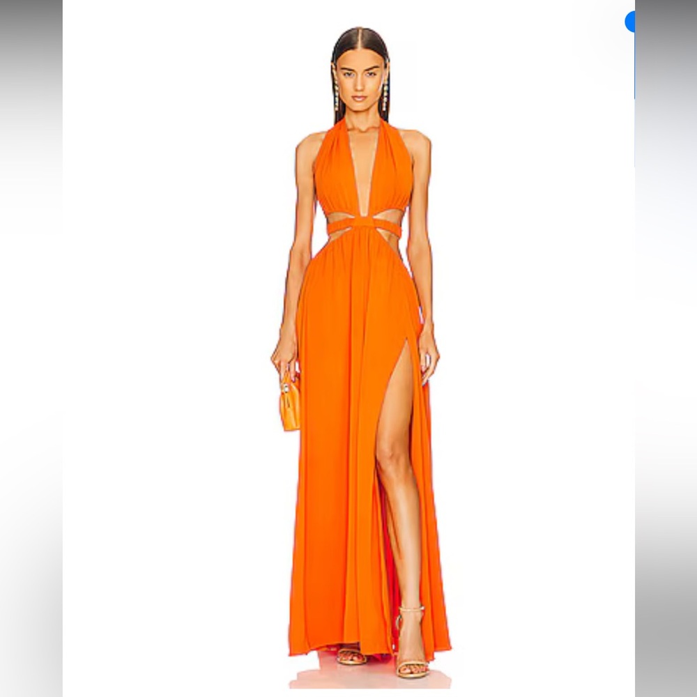 Michael Costello Orange Halter Maxi Dress with Side Slit NWT
